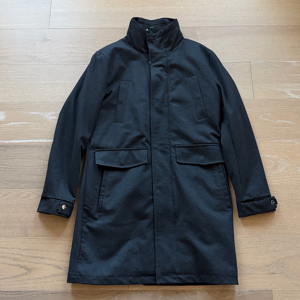 Zara Men’s Trench Coat Black Medium Minimalist Overcoat Button Front Jacket